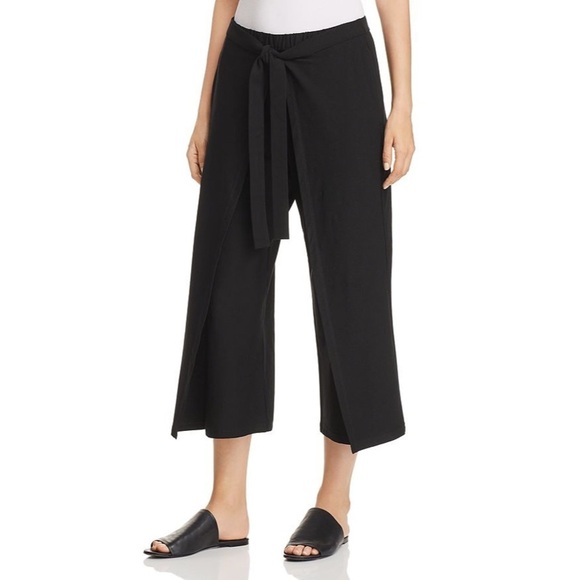 Eileen‎ Fisher Tie-Front Overlay Wide Leg Crop Pants, Black - Picture 1 of 5